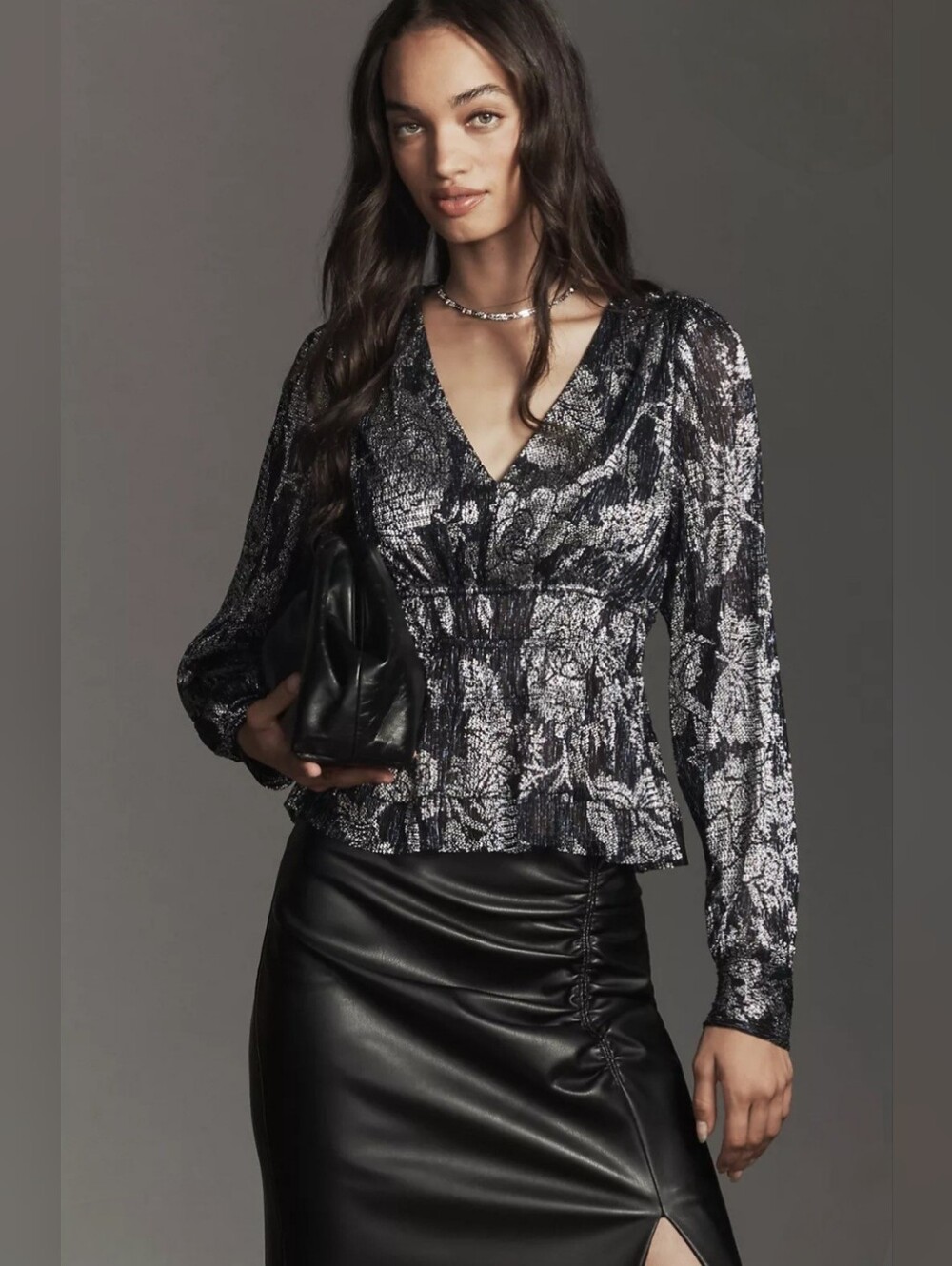 NWT Anthropologie Midnight Navy Peplum Blouse With Silver Metallic Print